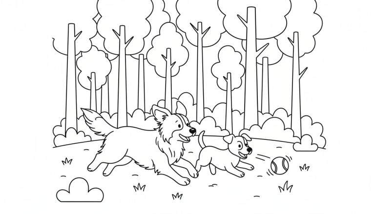 Kleurplaat van twee blije honden, een grotere en een kleinere, die samen rennen en spelen met een bal in een bosrijk park.