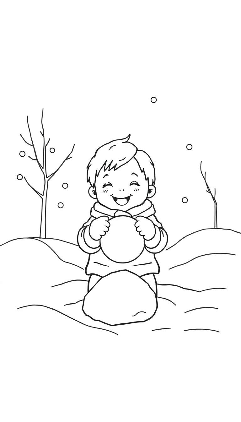 Zwart-wit tekening van een vrolijke jongen met een sneeuwbal in zijn handen, staand in een besneeuwd landschap met vallende sneeuw.