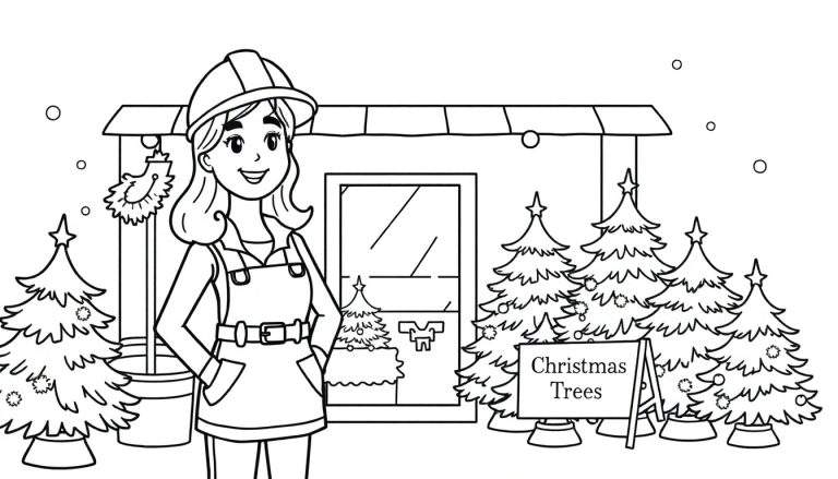 Zwart-wit kleurplaat van een kerstbomenverkoop met een lachende vrouw, kerstbomen, een waterput en een huisje met kerstlichtjes.