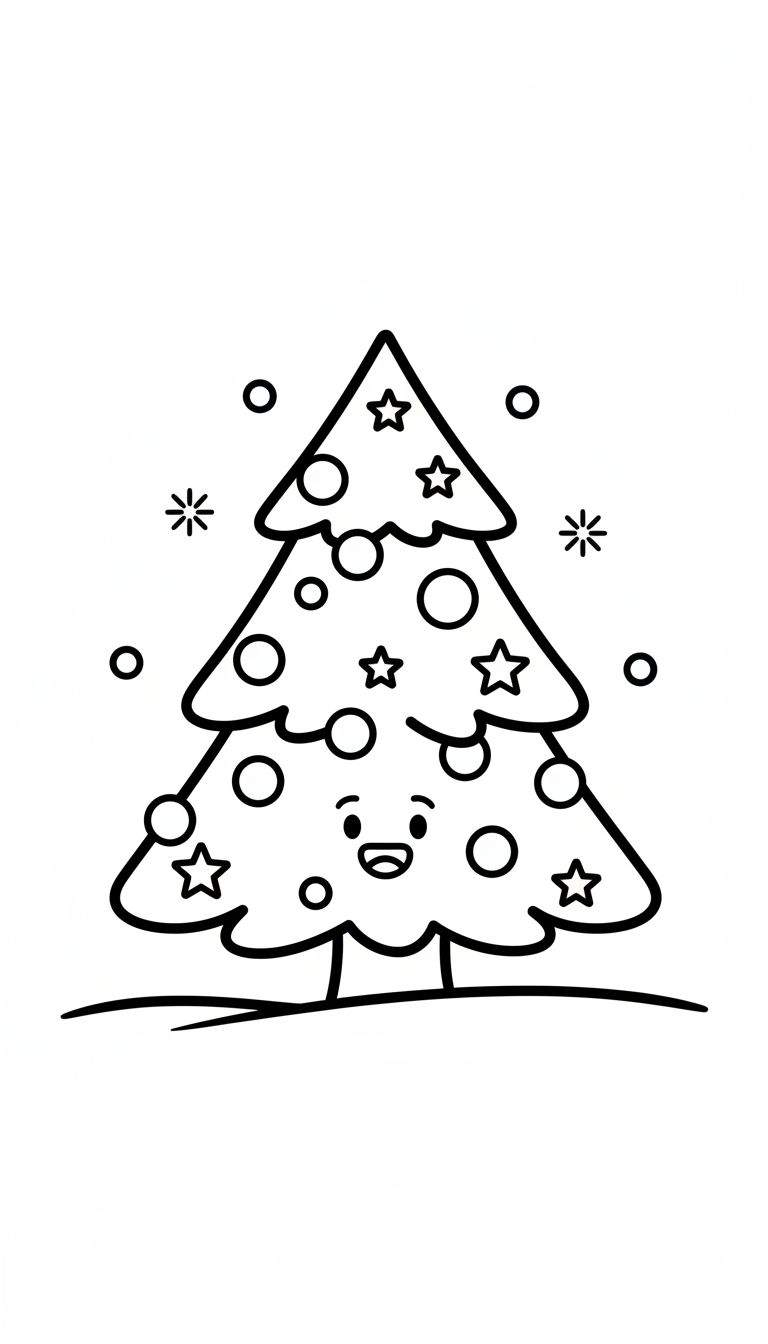 Een zwart-witte tekening van een lachende kerstboom met sterren en kerstballen, omringd door sneeuwvlokken, klaar om ingekleurd te worden.