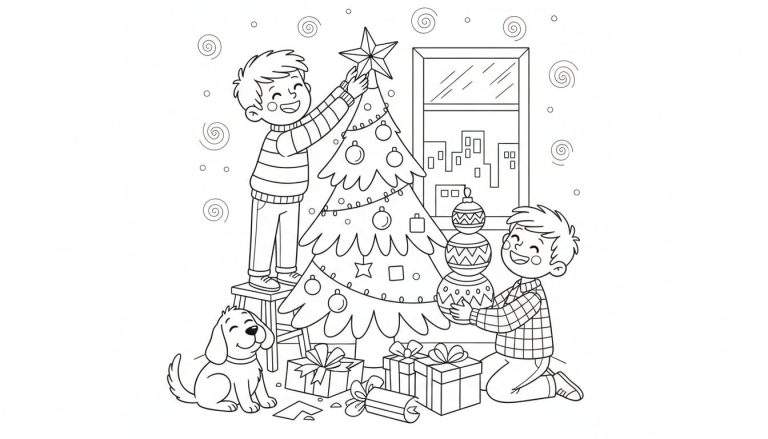 Kleurplaat van twee jongens die een kerstboom versieren, met een hond en cadeautjes.