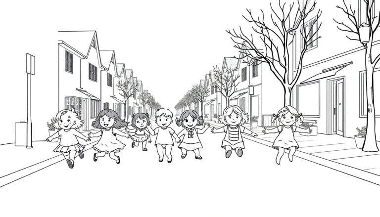 Kleurplaat: Zeven lachende kinderen rennen samen door een straat met huizen en kale bomen.