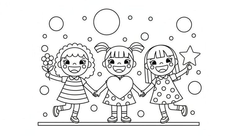 Kleurplaat van drie lachende meisjes die elkaars hand vasthouden. Meisje links met krullend haar en bloem, middelste meisje met staartjes en hart, meisje rechts met steil haar en sterrenstafje. Zwevende bellen of confetti.