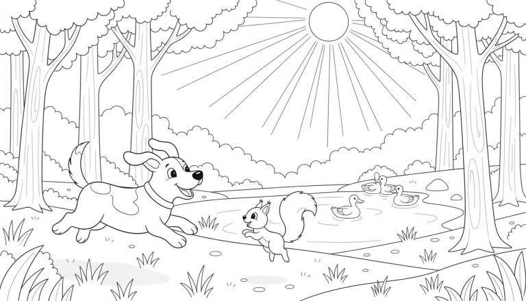 Zwart-wit kleurplaat van een hond die rent, een eekhoorn op de grond, vier eenden die zwemmen in een vijver, omringd door bomen en met een zon aan de lucht.