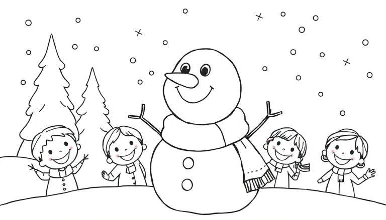 Kleurplaat met een grote, vrolijke sneeuwpop in het midden, omringd door vier lachende kinderen in winterkleding. Op de achtergrond staan besneeuwde dennenbomen.