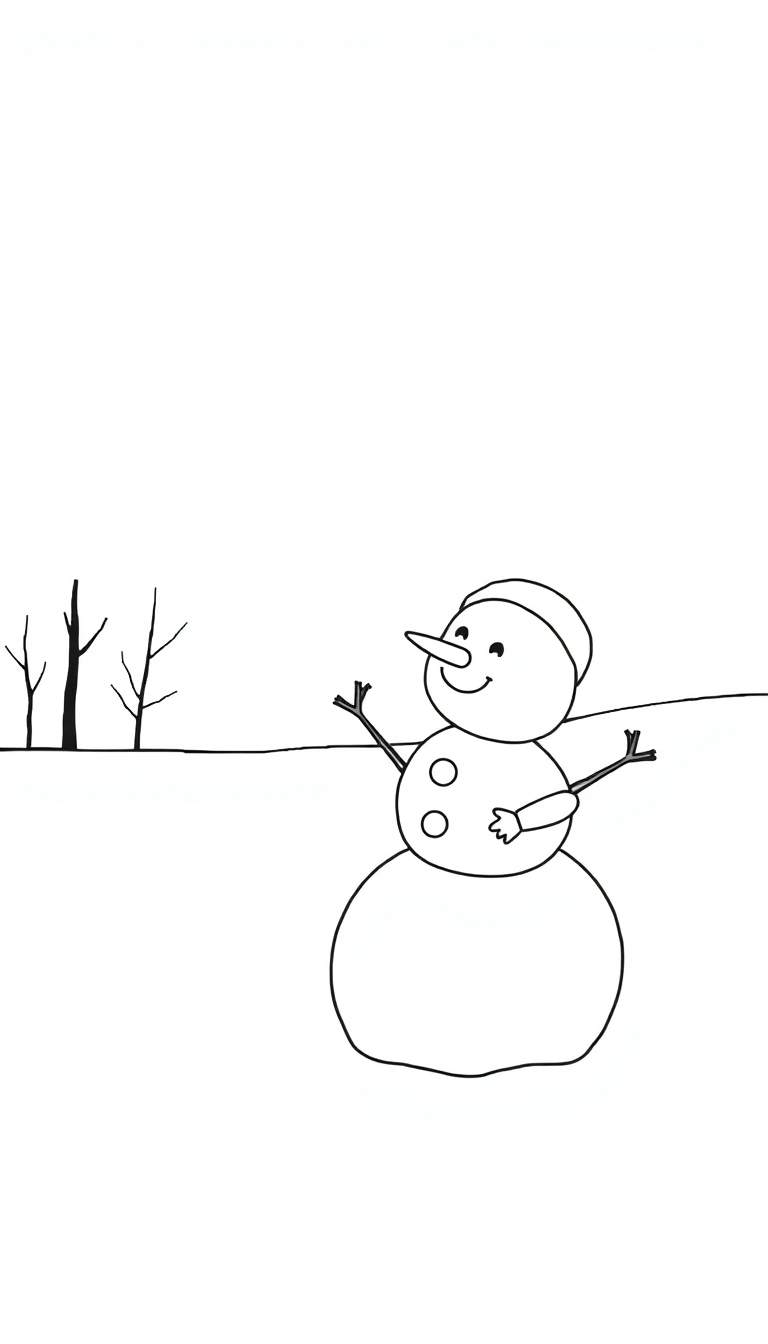 Kleurplaat van een lachende sneeuwpop met een wortelneus, muts, takkenarmen en knopen, in een sneeuwrijk landschap met kale boompjes.