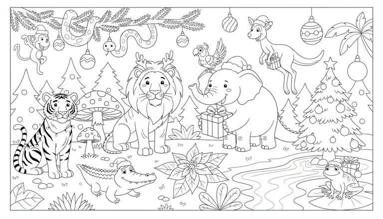 Kleurplaat van diverse dieren, waaronder een aap, tijger, leeuw, olifant, kangoeroe, krokodil, kikker en slang, allemaal in een kerstachtige bosomgeving met kerstbomen, cadeaus en kerstversiering.