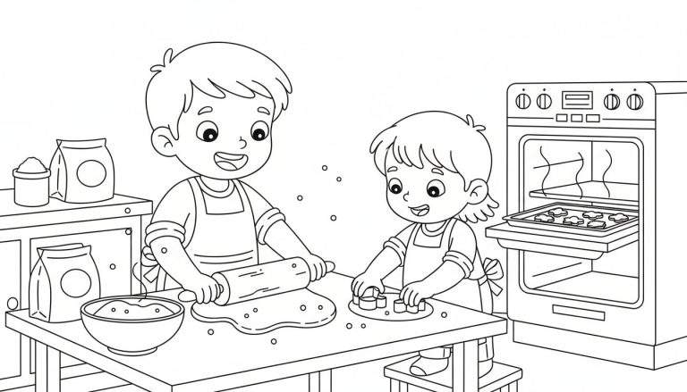 Kleurplaat van een jongen en een meisje die samen koekjes bakken in een keuken.