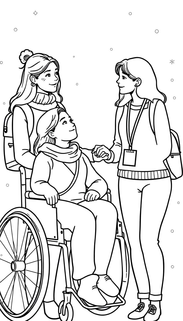 Zwart-wit lijntekening van drie vrouwen die vrolijk interactie hebben; een vrouw in een rolstoel, een vrouw die haar hand vasthoudt en een vrouw die erachter staat.