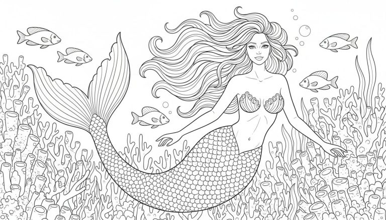 Kleurplaat van een zeemeermin met lang golvend haar en een schelpen-bh, staand in een onderwaterwereld met koraal, zeewier, vissen en bellen.