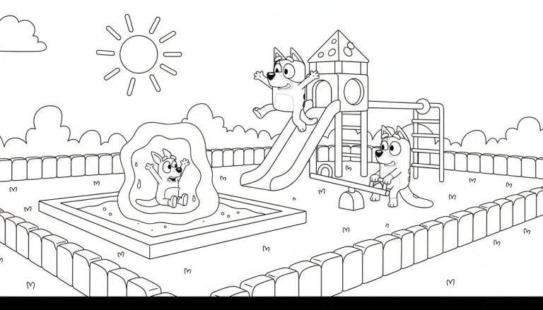 Zwart-wit kleurplaat van Bluey en Bingo in een speeltuin. Bluey glijdt van de glijbaan, Bingo speelt in de zandbak en zit op een wipwap. De zon schijnt.