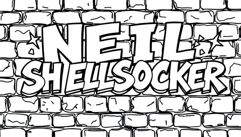 Zwart-wit kleurplaat met de naam NEIL SHELLSOCKER in grote, dik omrande letters op een bakstenen muur, versierd met sterren.