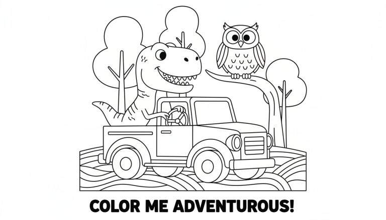Zwart-wit kleurplaat van een lachende dinosaurus in een jeep met een uil in een boom op een heuvelachtig landschap, met de tekst 'COLOR ME ADVENTUROUS!'