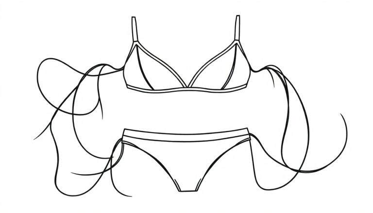 Zwart-wit lijntekening van een tweedelig bikinipak met driehoekige cups, dunne bandjes en golvende strikdetails aan de zijkanten.