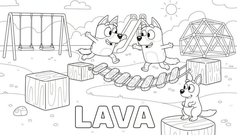 Kleurplaat van Bluey en Bingo die 'De vloer is lava' spelen op een speeltuin, met een kangoeroe die toekijkt vanaf een blok. De grond is lava, en ze gebruiken blokken en een brug om niet aangeraakt te worden.