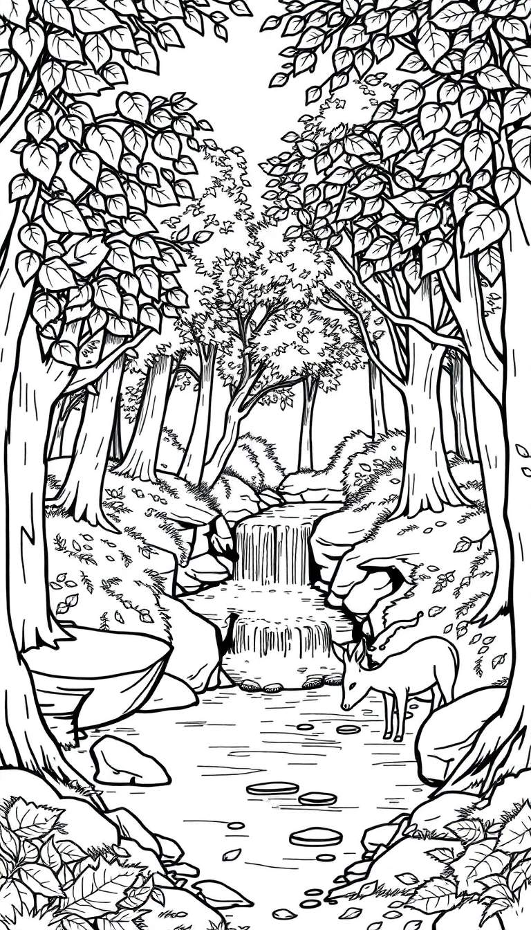 Gedetailleerde zwart-witte tekening van een bos met een waterval, een beek en een hertje dat drinkt.