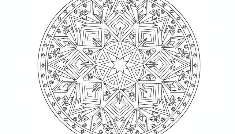 Zwart-wit gedetailleerde mandala kleurplaat met een zespuntige ster in het centrum en complexe geometrische patronen.