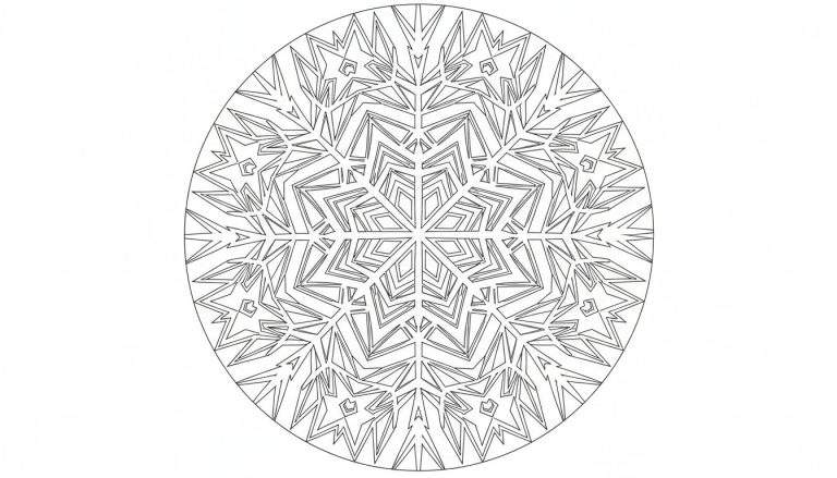 Zwart-witte kleurplaat van een complex, symmetrisch, rond geometrisch patroon met scherpe, hoekige lijnen, lijkend op een abstracte sneeuwvlok of mandala, ingesloten in een cirkel.