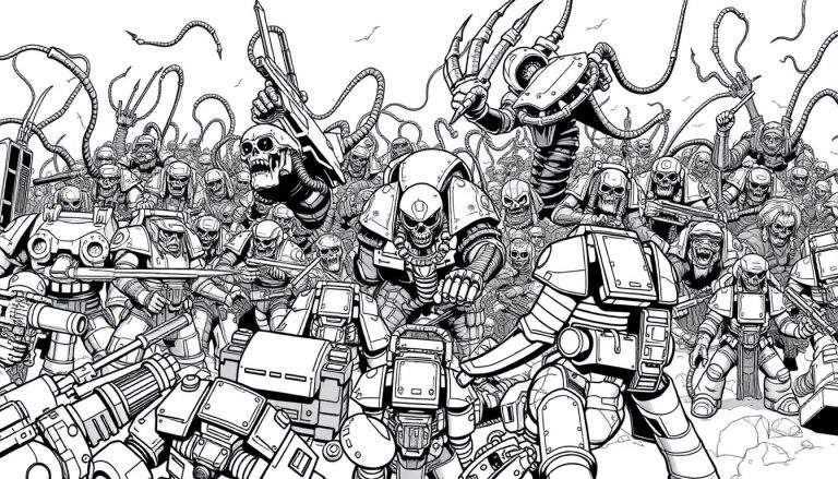 Gedetailleerde zwart-wit tekening van een leger van sci-fi krijgers met schedelhelmen en tentakels, klaar voor de strijd, met een rotsachtig, desolaat landschap op de voorgrond.