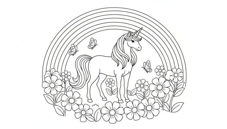 Een zwart-wit lijntekening van een eenhoorn met golvende manen en staart, een hoorn op zijn voorhoofd, met achter zich een grote regenboog. Rondom de eenhoorn bevinden zich veel bloemen en drie vlinders.