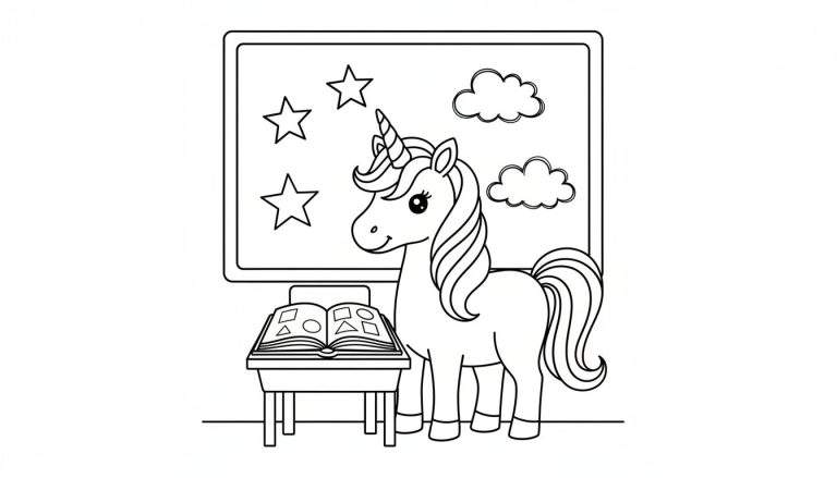 Een zwart-wit lijntekening van een vriendelijke eenhoorn met een spiraalvormige hoorn, staand voor een schoolbord met sterren en wolkjes. Voor de eenhoorn staat een tafeltje met een open boek vol geometrische vormen.
