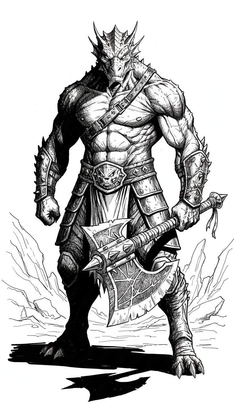 Zwart-wit tekening van een gespierde draak krijger met een strijdbijl, in fantasy-stijl.