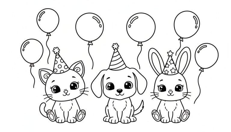 Zwart-wit lijntekening van een poes met gestippelde feestmuts, een hondje met gestreepte feestmuts en een konijntje met sterrenfeestmuts, zittend naast elkaar, met vijf ballonnen erboven. Bestemd als kleurplaat.