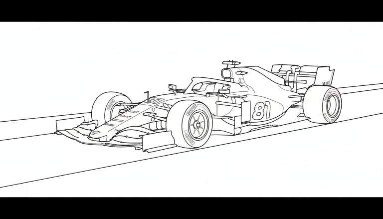 Zwart-witte lijntekening van een Formule 1-raceauto van voren en van de zijkant, klaar om ingekleurd te worden. De auto heeft de nummers 31 en 81 erop.