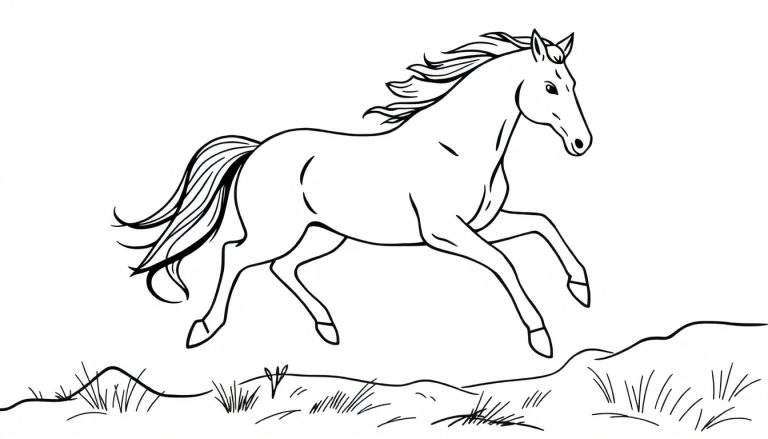Zwart-wit lijntekening van een galopperend paard met opgetrokken benen en wapperende manen, rennend over een golvend veld met grasstreepjes.