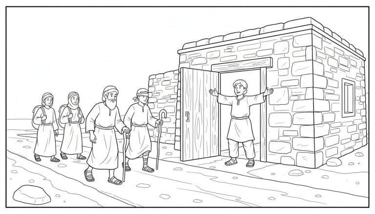 Kleurplaat van een groep reizigers die worden verwelkomd door een jonge man bij de deuropening van een stenen huis.