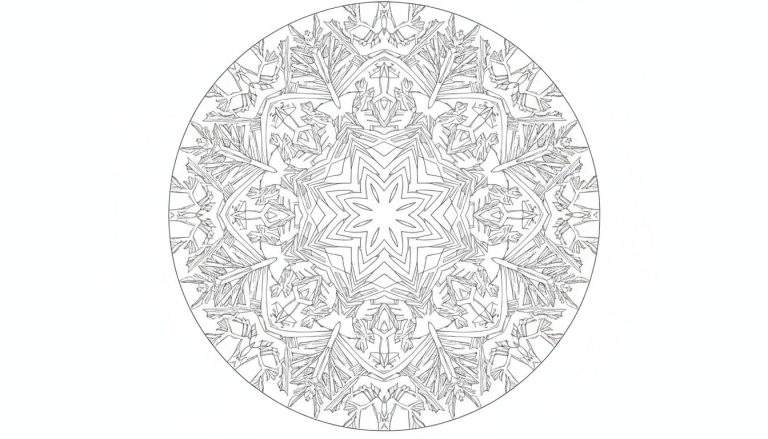 Gedetailleerde lijntekening van een symmetrische mandala, lijkend op een sneeuwvlok of ijskristal, met een zespunts ster in het midden en ingewikkelde patronen die naar buiten stralen.