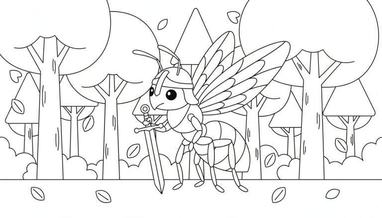 Zwart-wit lijntekening van een gevleugeld insect met helm en zwaard, staand in een bosrijke omgeving.