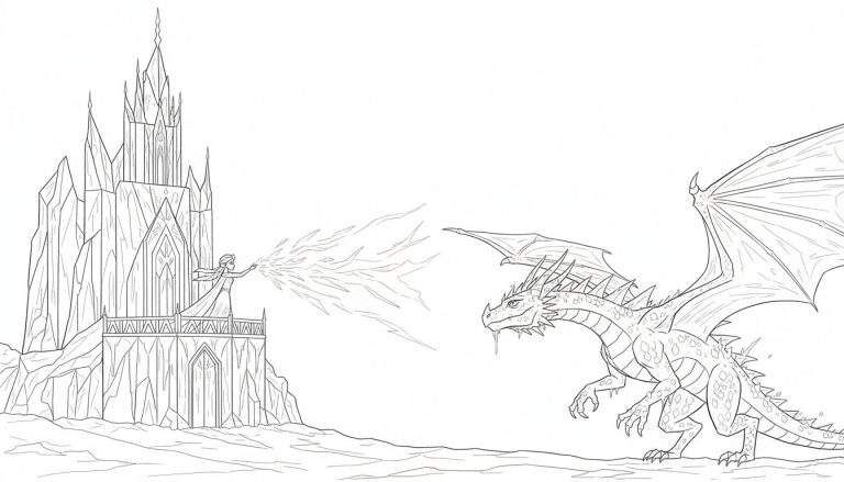 Kleurplaat: ijskoningin met ijsmagie vecht tegen vliegende draak bij een ijskasteel.