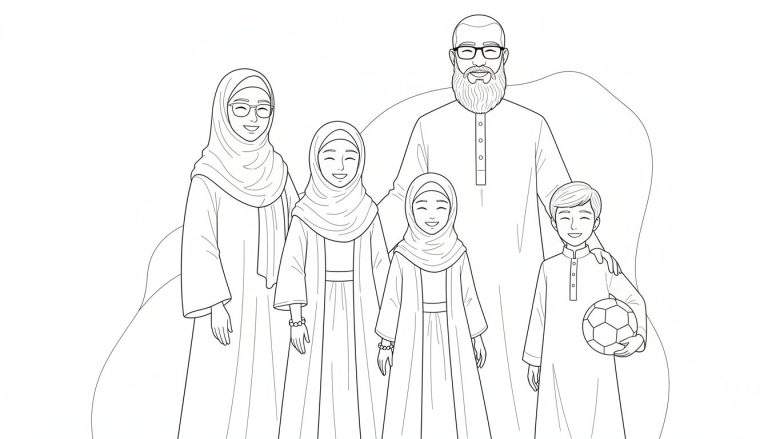 Kleurplaat van een blij islamitisch gezin van vijf: vader, moeder, grootmoeder, dochter en zoon, die elkaar omarmen.