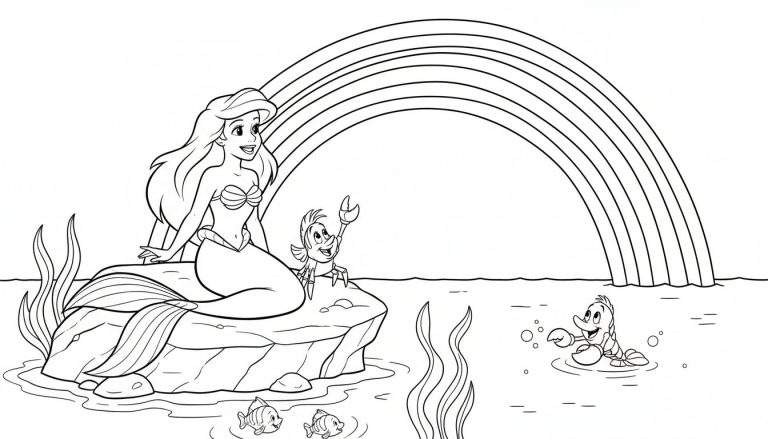 Zwart-wit kleurplaat van Ariel de zeemeermin zittend op een rots met Sebastiaan de krab. Een grote regenboog strekt zich uit boven hen, met water, zeewier, een kreeftachtig dier en visjes.