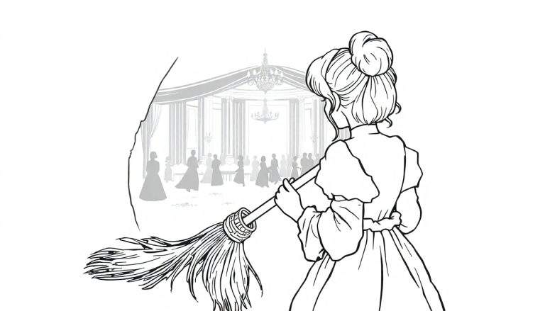 Kleurplaat van een meisje met opgestoken haar en een oude jurk, met een bezem in haar handen, kijkend door een opening naar een feestzaal vol silhouetten van dansende mensen, zuilen en kroonluchters.