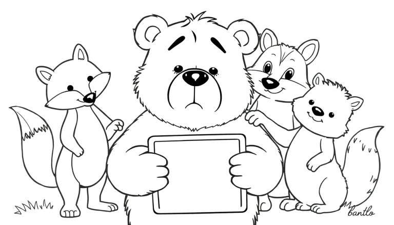 Kleurplaat met een bedroefde beer die een leeg bord vasthoudt, met een lachende vos en een ander dier naast zich, en een vrolijke eekhoorn rechts. Zwart-wit tekening, klaar om in te kleuren.