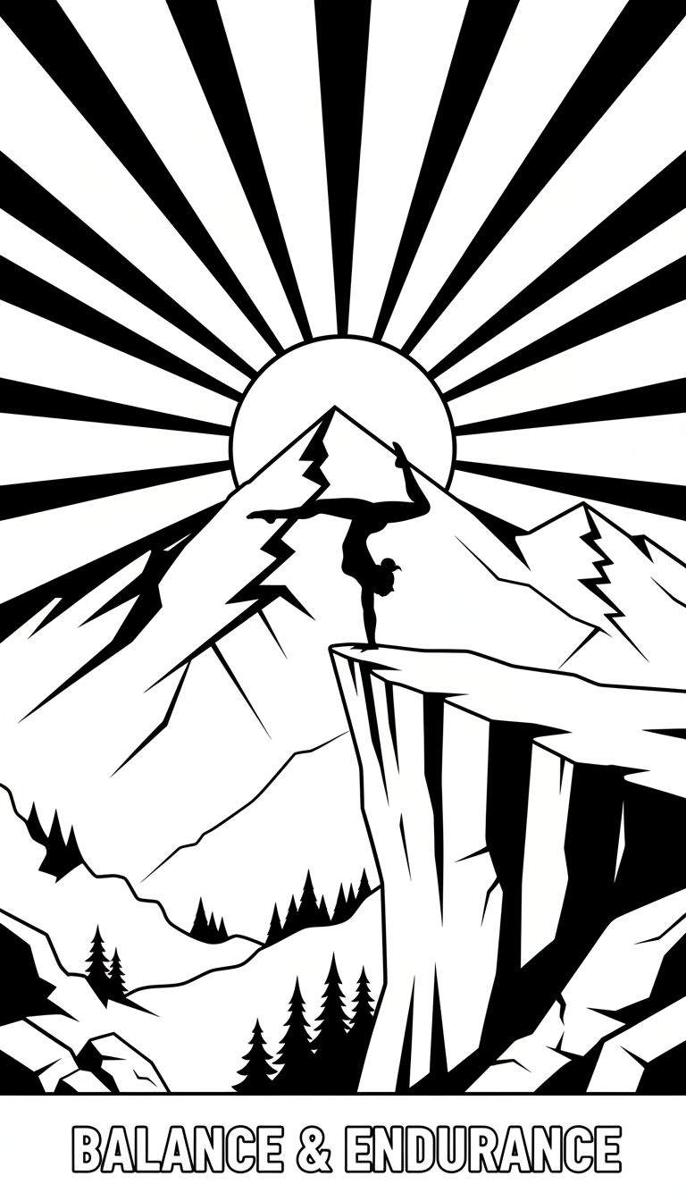 Zwart-wit kleurplaat van een berglandschap met een acrobaat in handstand op een rots, met een zon en dennenbomen. De tekst 'BALANCE & ENDURANCE' staat onderaan.
