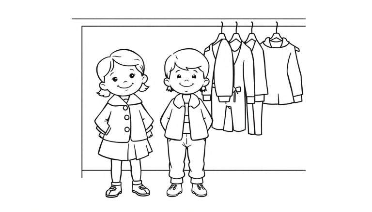 Kleurplaat van een blije jongen en meisje die naast elkaar staan voor een kledingrek met kledingstukken.
