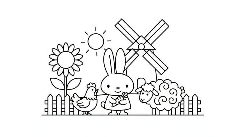 Kleurplaat met een boerderijtafereel, met een kip, een konijn dat een wortel vasthoudt, een schaap, een zonnebloem, een windmolen en de zon.