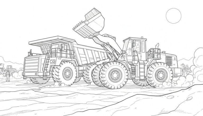 Kleurplaat lijntekening van een bouwplaats met een wiellader en een dumper.