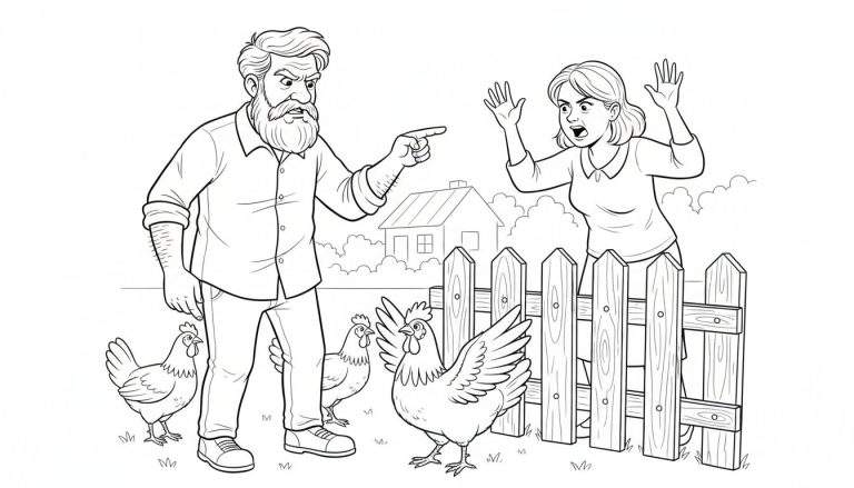 Kleurplaat van een burenruzie tussen een boze oude man met baard en een overstuurde vrouw achter een hek, met drie kippen op de voorgrond.