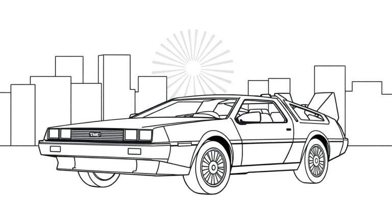 Zwart-witte lijntekening van een DeLorean DMC-12 auto, schuin van voren links afgebeeld, met een abstracte stadsachtergrond en een stralende zon erboven. Ideaal als kleurplaat.