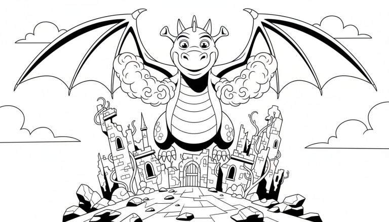 Zwart-wit lijntekening van een vriendelijke draak met uitgespreide vleugels boven een ingestort kasteel met torens en een poort, omringd door rotsen en planten. Wolken op de achtergrond.