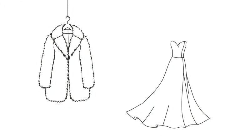 Lijntekening van een dikke, pluizige jas aan een hanger naast een elegante strapless jurk met hartvormige halslijn en wijd uitlopende rok, op een witte achtergrond.