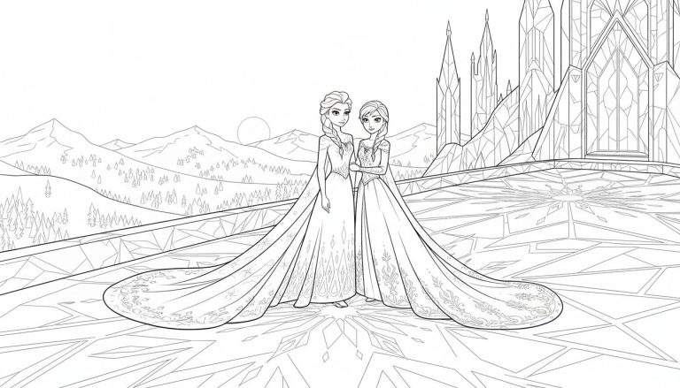 Kleurplaat van Elsa en Anna in Frozen-stijl, met een ijskasteel op de achtergrond, besneeuwde bergen en een winterse omgeving.