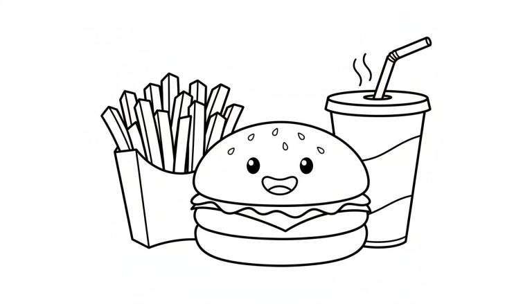 Kleurplaat van een fastfoodmaaltijd bestaande uit een bakje frietjes, een lachende hamburger met sesamzaadjes op het broodje, en een beker met een rietje en damp.