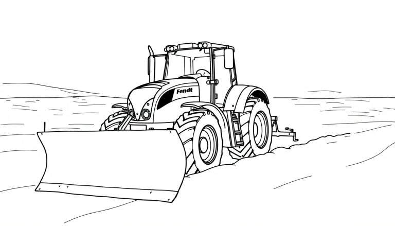 Kleurplaat van een Fendt tractor met een sneeuwschuiver, schuin van voren afgebeeld in een besneeuwd landschap.