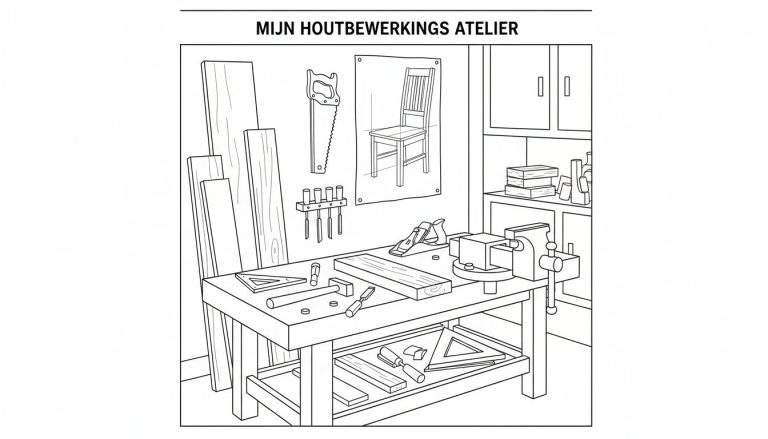 Zwart-wit lijntekening kleurplaat van een houtbewerkingsatelier met werkbank, bankschroef, gereedschap, blauwdruk en opbergkast.
