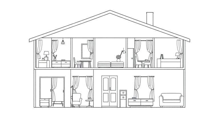 Zwart-wit lijntekening van een huis in doorsnede, met twee verdiepingen vol kamers en meubels.